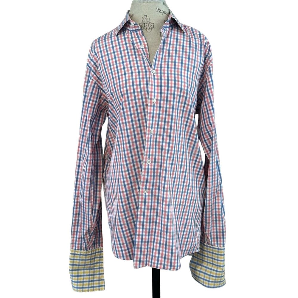 Duncan Quinn $600 striped check pink blue French cuff button down shirt sz 17.5